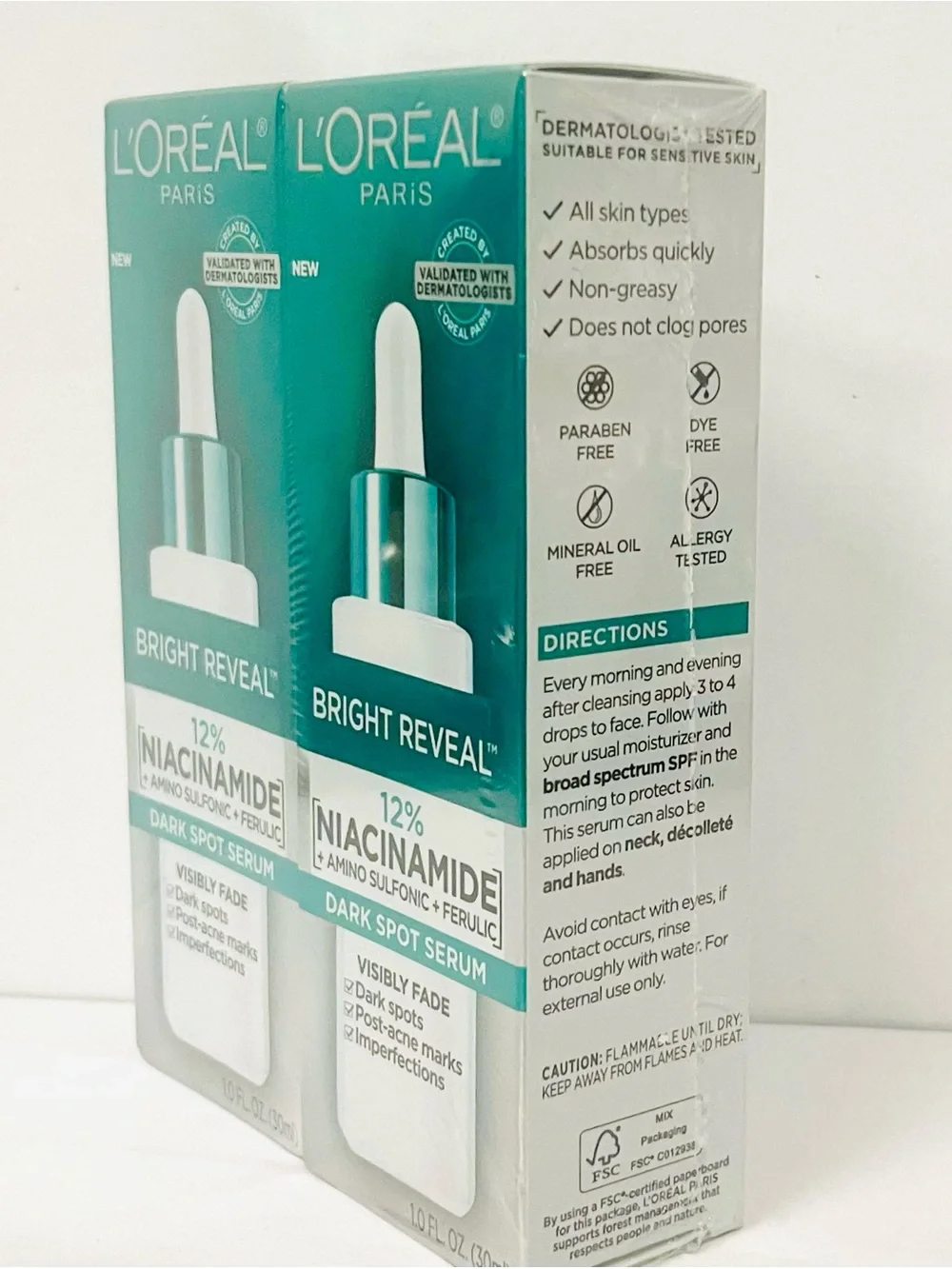 L'Oréal Bright Reveal 12% Niacinamide Dark Spot Serum Face 1.0 fl oz X 2 PACK